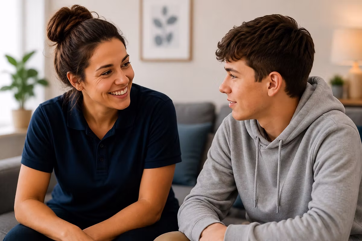 A residential care professional talking with a young person